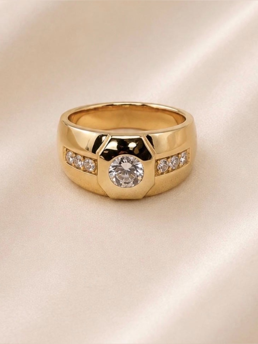 Crystal Signet Ring -14K Gold Plated/ Forever Collection /Men Jewelry - New!